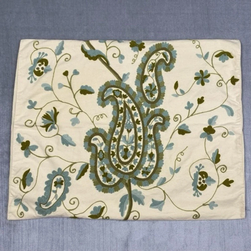 Pottery Barn‎ Pillow Sham 20x25 Blue Green Embroidered Paisley Organic Cotton